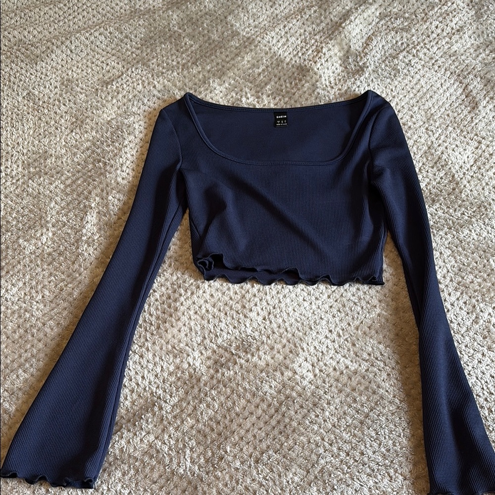 SHEIN Blue Fitted Crop Blouse Long Sleeve